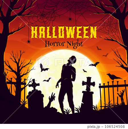 Halloween banner, zombie silhouette and flying bats on cemetery, holiday vector poster. Halloween horror night party background with dead zombie skeleton and tombstones on cemetery in haunted forest 106524508