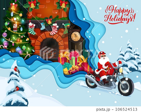 Christmas paper cut greeting card with cartoon santa on bike and fireplace interior. Vector xmas greeting card with cool father Noel biker wear helmet and costume riding motorbike and home with tree 106524513