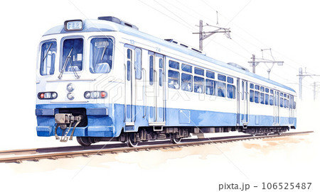 斜め手前から見た青い電車の水彩イラスト「AI生成画像」のイラスト素材