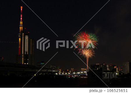 【日本】日没後の汐入公園土手から望む隅田川花火大会とライトアップされたスカイツリー 【日本】日没後の汐入公園土手から望む隅田川花火大会とライトアップされたスカイツリー 106525651