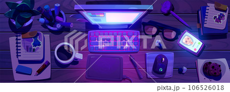 Top view of designer workspace at night 106526018