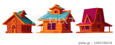 Wooden cabin clipart, mountain forest village hut 106526028