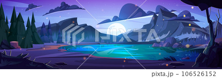 Night forest mountain lake cartoon background. Night forest mountain lake cartoon background. 106526152