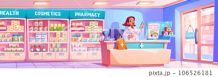 Pharmacy drug store interior vector illustration Pharmacy drug store interior vector illustration 106526181