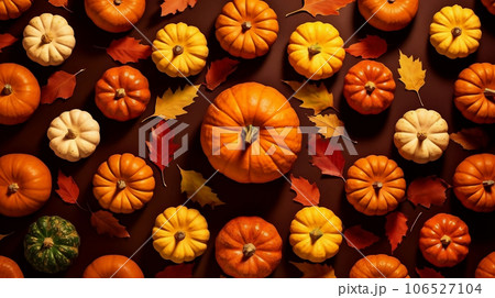 Colorful pumpkins and autumn leaves on brown background, top view, Thanksgiving and Halloween concept autumn background. Generative AI 106527104