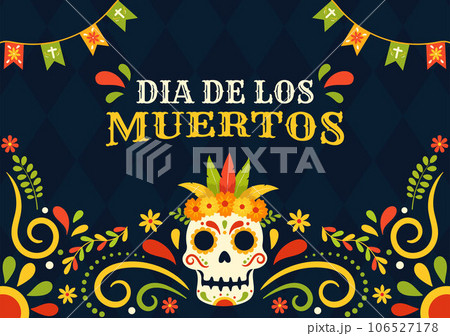 Dia de Los Muertos Vector Illustration with Day of the Dead, Play Music, Skeleton in Mexican Costumes and Sombrero in Flat Cartoon Background 106527178