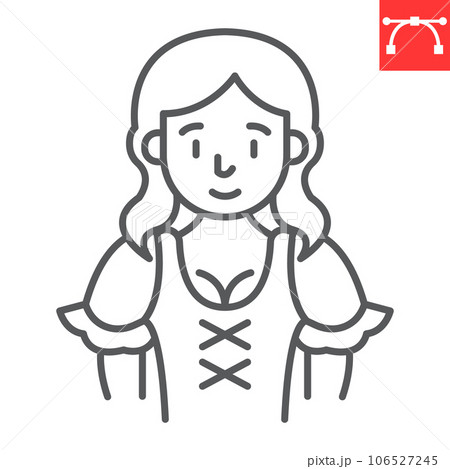 Bavarian woman line icon, oktoberfest and festival people, waitress vector icon, smiling woman vector graphics, editable stroke outline sign, eps 10. Bavarian woman line icon, oktoberfest and festival people, waitress vector icon, smiling woman vector graphics, editable stroke outline sign, eps 10. 106527245