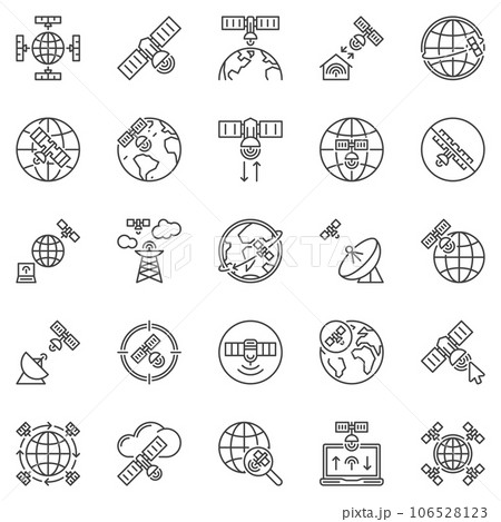 Satellite Internet Access outline icons set - Satellite Broadband concept vector line symbols Satellite Internet Access outline icons set - Satellite Broadband concept vector line symbols 106528123