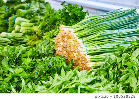 Table of assorted vegetables with chives and mint 106528528