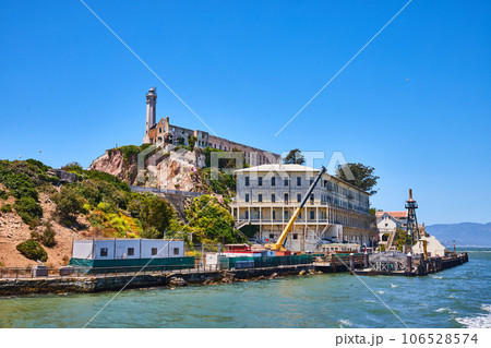 Close view of Alcatraz Island pier with Alcatraz Lighthouse on hill 106528574