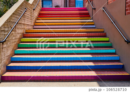 Bright sunshine on colorful painted staircase at Ghirardelli 106528710