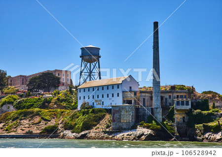 Indian Land on white building on Alcatraz Island with water tower close up view Indian Land on white building on Alcatraz Island with water tower close up view 106528942