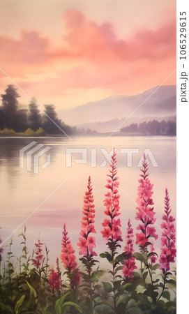 夕日に染まる美しい湖と花の水彩イラスト　Generative AI 106529615