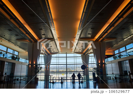 People standing at top of unseen stairs in large open room leading to airport gates 106529677