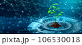 Tree with soil growing on  the converging point of computer circuit board. Blue light and wireframe network background. Green Computing, Green Technology, Green IT, csr, and IT ethics Concept. 106530018