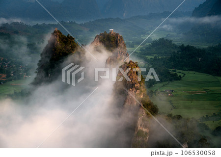 Beautiful scenery of Nam Xay with the sea of mist in the morning, Vang Vieng, Laos. 106530058