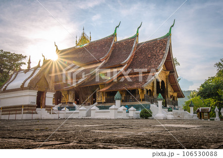 The beautiful scenery of Xieng Thong temple at sunset time, Luang Prabang, Laos. The beautiful scenery of Xieng Thong temple at sunset time, Luang Prabang, Laos. 106530088