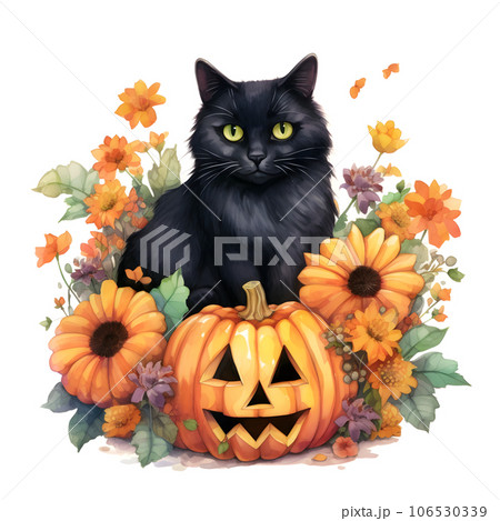 ハロウィーンの黒猫を描いた水彩イラスト Generative AIのイラスト素材