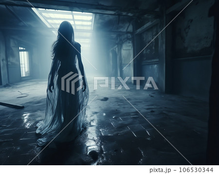 Scary ghost woman in haunted abandoned house, halloween background 106530344