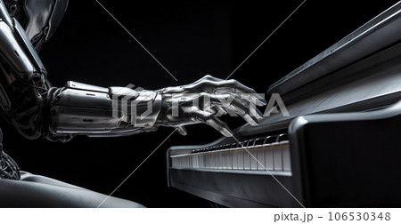 Robotic hands playing piano, science and technology concept 106530348