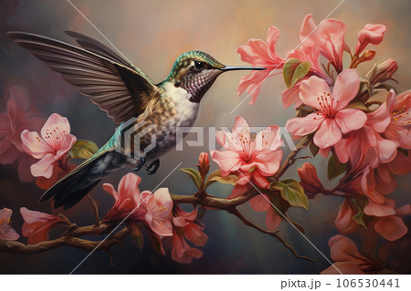 Image of a hummingbird flying and beautiful flowers, Bird, Wildlife Animals., Generative AI, Illustration. Image of a hummingbird flying and beautiful flowers, Bird, Wildlife Animals., Generative AI, Illustration. 106530441