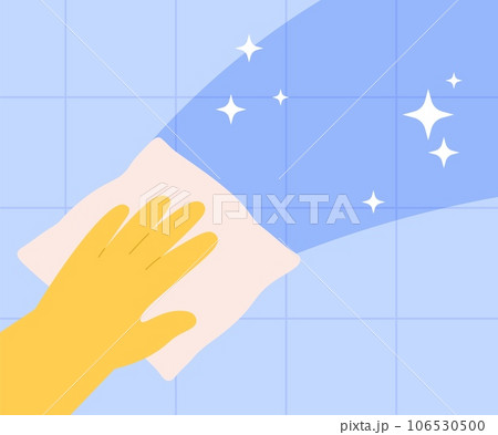 Clean tile surface with napkin. Hand in yellow glove wash wall in kitchen or bathroom. Household, disinfection and cleaning service vector concept 106530500