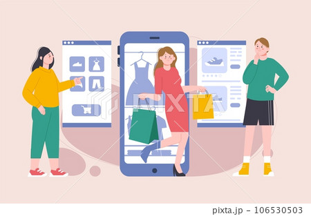 Teenagers shopping online with smartphone. Happy customers, people using phone for smart buy. Girl on digital sale, splendid cartoon vector shoppers 106530503