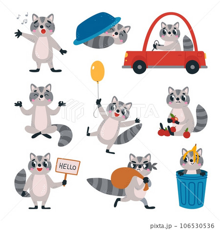 Funny cartoon raccoon set. Raccoons in diverse poses, cute flat woodland animals. Small playing wild animal, classy vector childish characters 106530536