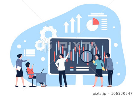 Candlestick chart analysis. Traders and businessmen, analytics team working with candle financial graph. Exchange index recent vector concept 106530547