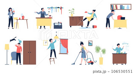 Injuries at home. Household accident, burns and electric shock. Adults doing house work and has problems. Healthcare, attention recent vector scenes 106530551