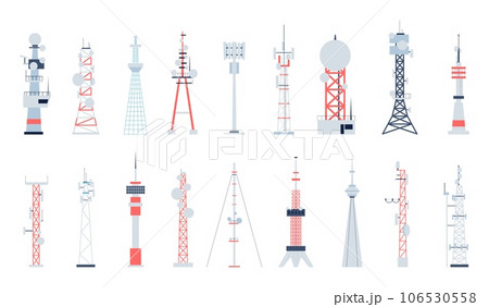 Communication 5g towers. Telecoms tower, 4g wireless or radio antenna. Telecommunication equipment, mobile or internet network recent vector set 106530558