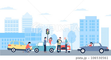 Accident on road in city. Driver help, transport damage. Personal car crash, traffic police writes a fine. Transportation problem in town recent vector scene 106530561