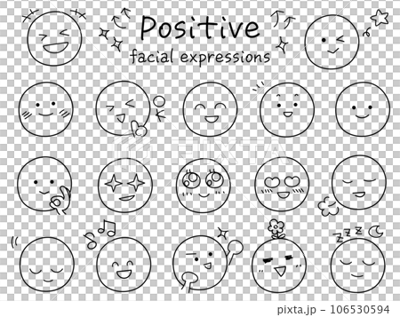シンプルでかわいいポジティブな顔表情のアイコンセット 手書きタッチ