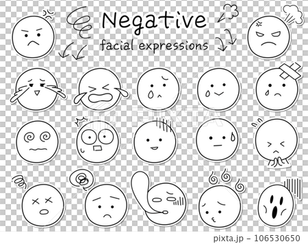 シンプルでかわいいネガティブな顔表情のアイコンセット　手書きタッチのステッカー風 106530650