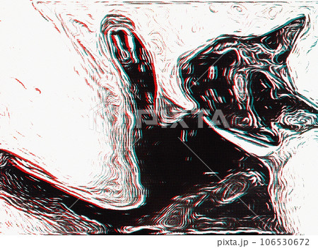 猫パンチをする黒猫の、ローファイでミニマルでデジタルなグラフィック画像 - インク、ドット、曲線 106530672