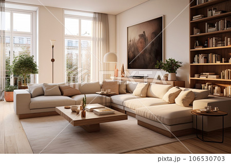 Modern style interior living room warm Scandinavian and cozy with wooden decoration, Cozy beige tone stylish, furniture, comfortable bed, Minimal decor design background. 106530703