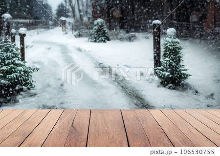 Empty wood table top on blur abstract of wild snow winter nature background, for montage product display, 3d rendering 106530755