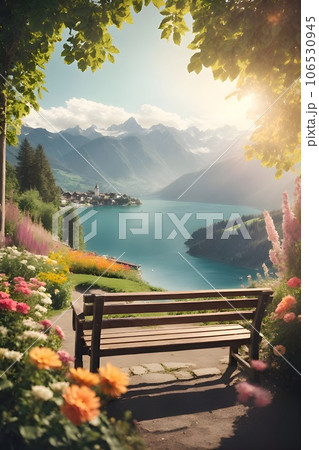 Garden bench facing lake view background with sunlight. 106530945