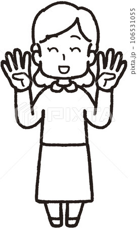 両手それぞれで4本指をして笑う女性の全身線画イラスト 106531055