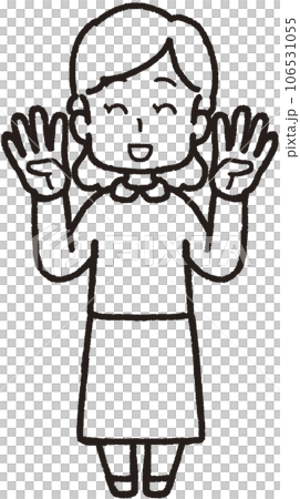 両手それぞれで4本指をして笑う女性の全身線画イラスト 106531055