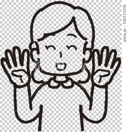 両手それぞれで4本指をして笑う女性の上半身線画イラスト 106531056