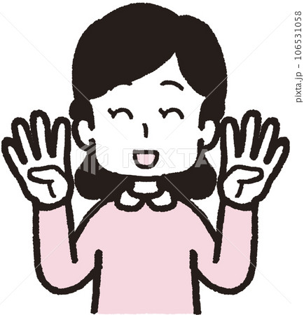 両手それぞれで4本指をして笑う女性の上半身イラスト 106531058