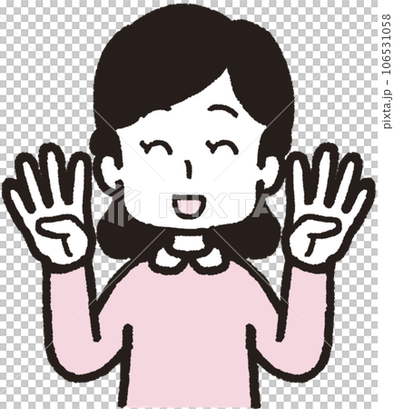 両手それぞれで4本指をして笑う女性の上半身イラスト 106531058