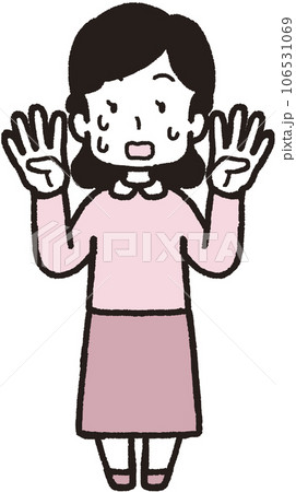 両手でそれぞれ4本指をして汗を出して慌てている女性の全身イラスト 106531069