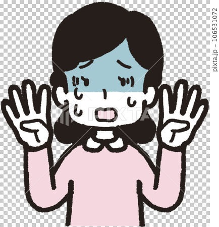 両手でそれぞれ4本指をして蒼褪めている女性の上半身イラスト 106531072