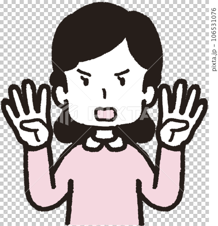 Upper body illustration of an angry woman with four fingers on each hand 106531076