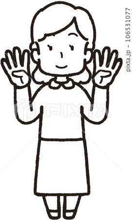 両手それぞれで4本指をして笑う女性の全身線画イラスト 106531077