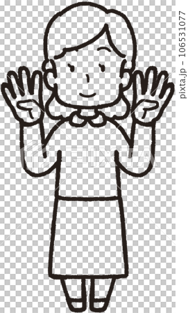 両手それぞれで4本指をして笑う女性の全身線画イラスト 106531077