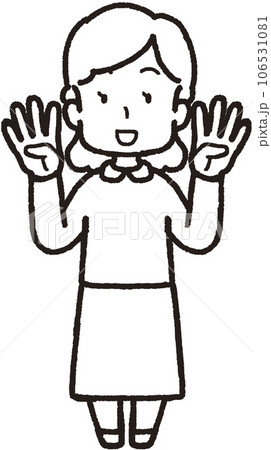 両手それぞれで4本指をして笑う女性の全身線画イラスト 106531081