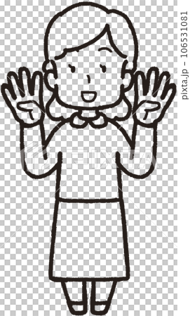 両手それぞれで4本指をして笑う女性の全身線画イラスト 106531081